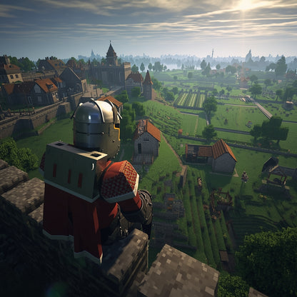 Personnage en armure sur un mur, vue d'une ville médiévale Minecraft au coucher du soleil