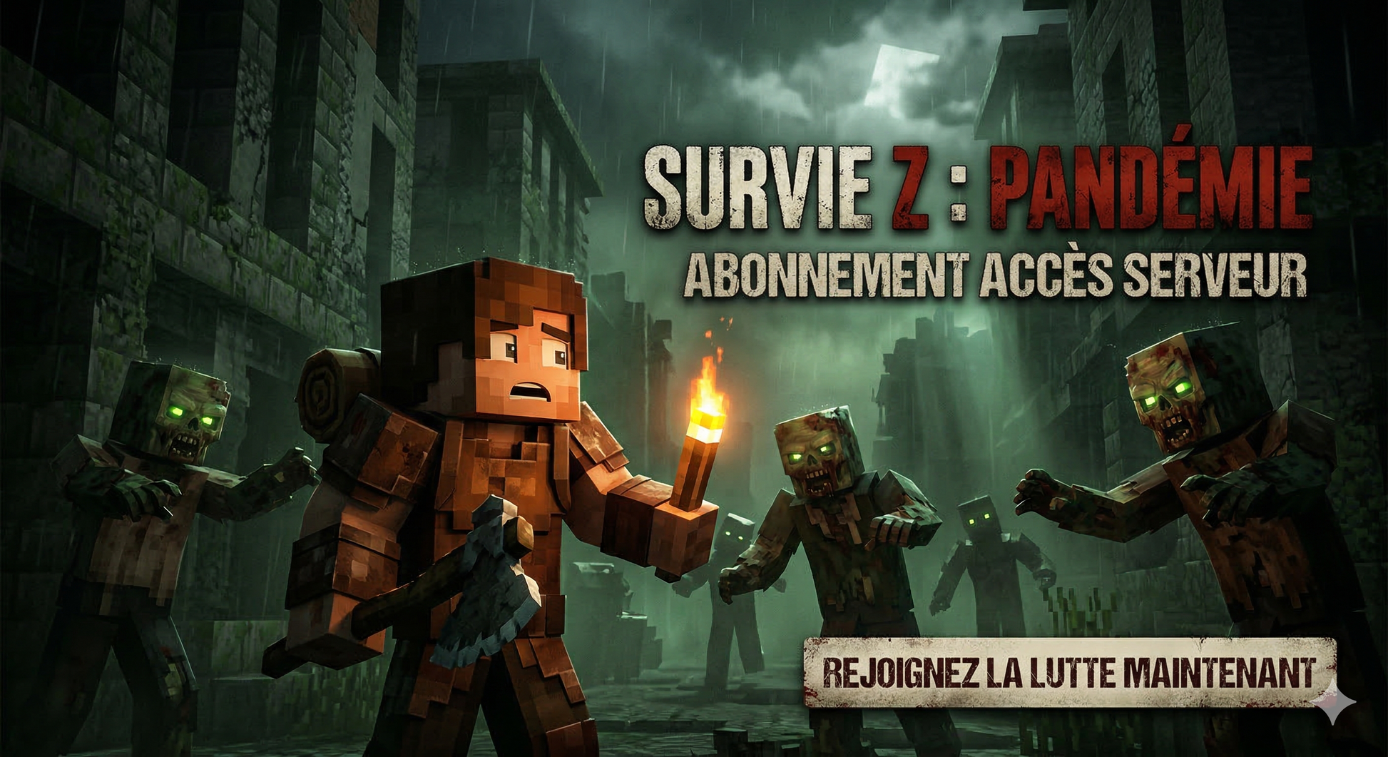 Illustration Minecraft avec survivant tenant une torche, entouré de zombies, texte SurvieZ Pandémie.