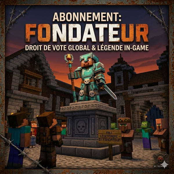 Statue de personnage Minecraft en armure sur piédestal, offre abonnement fondateur serveur moddé.