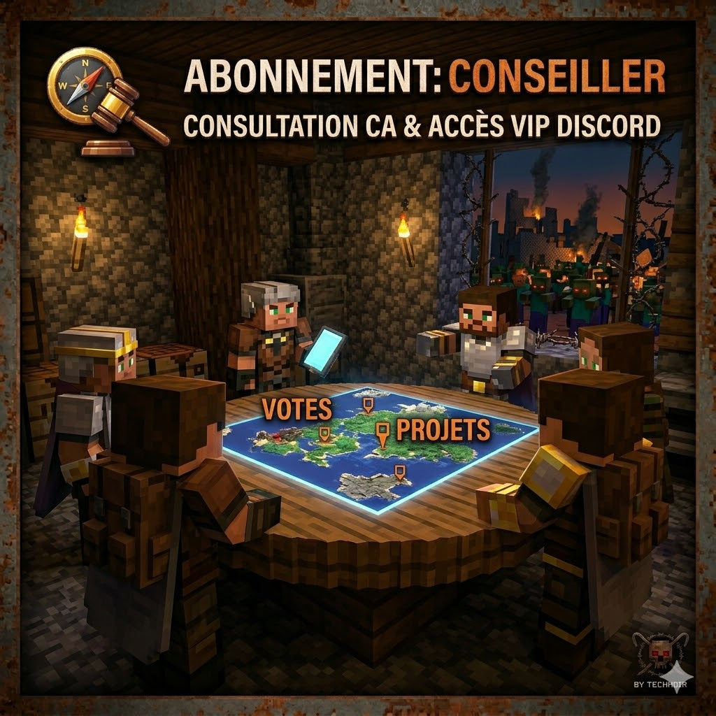 Personnages Minecraft autour d'une table, carte, texte abonnement conseiller, ambiance survie zombie